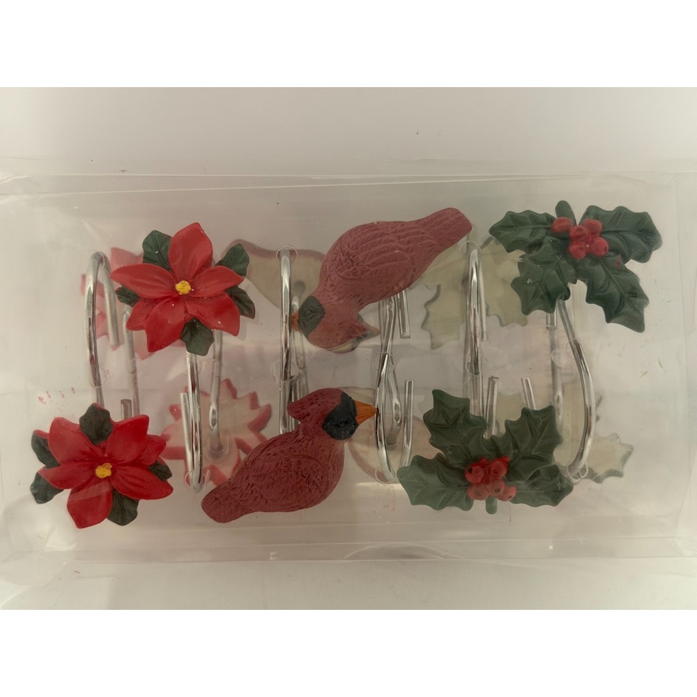 Christmas Shower Curtain Hooks Set 12 Cardinal Poinsettia Holly New in Box